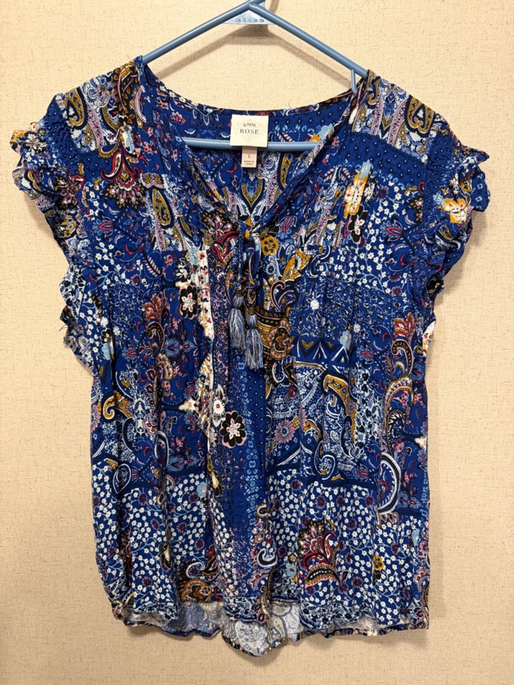 Knox Rose Blue Paisley Tie-Front Short Sleeve Top